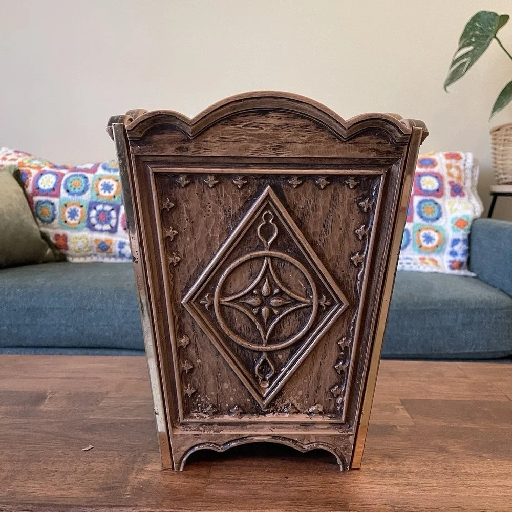 VTG‎ MCM Faux Wood Chrome Plastic Waste Basket Trash Can Planter Scallop Edge